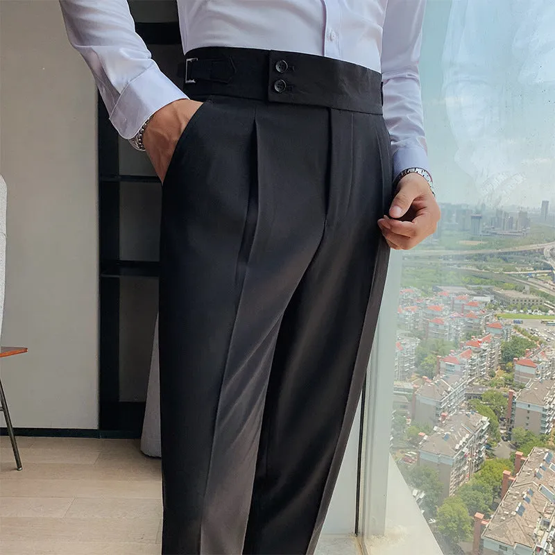Men's straight-leg casual trousers in solid colours showing waist sizes 29-36 and polyester fabric.