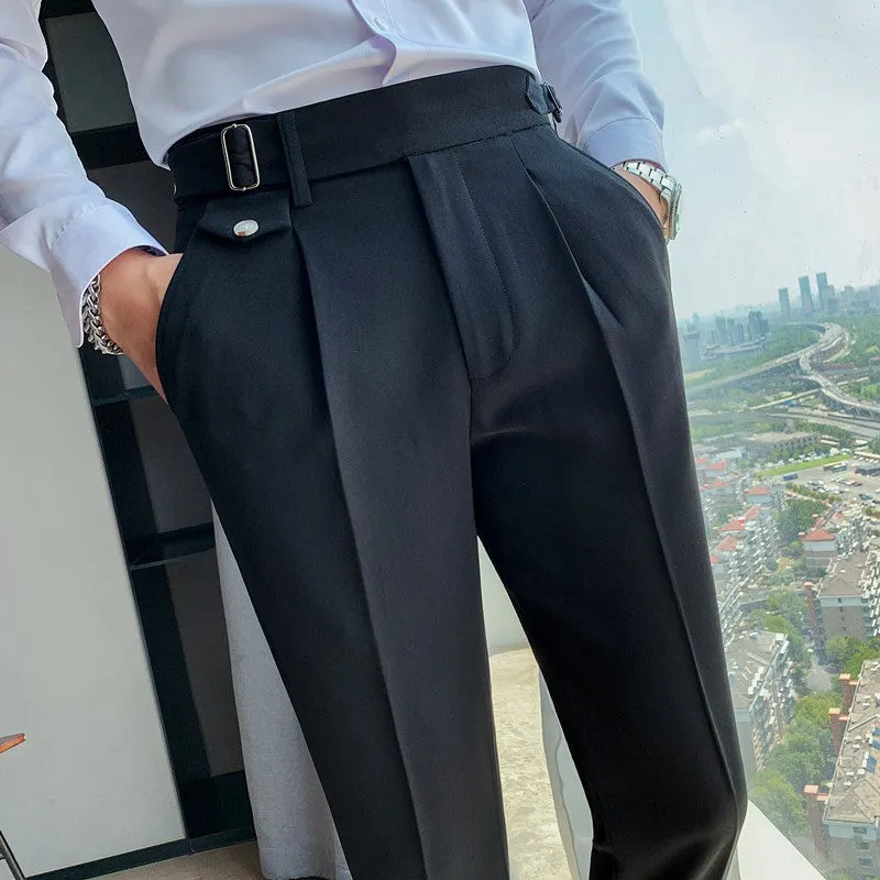 Men's straight-leg casual trousers in solid colours showing waist sizes 29-36 and polyester fabric.