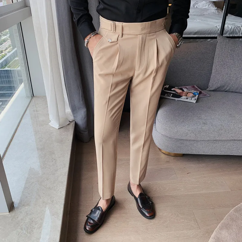 Men's straight-leg casual trousers in solid colours showing waist sizes 29-36 and polyester fabric.