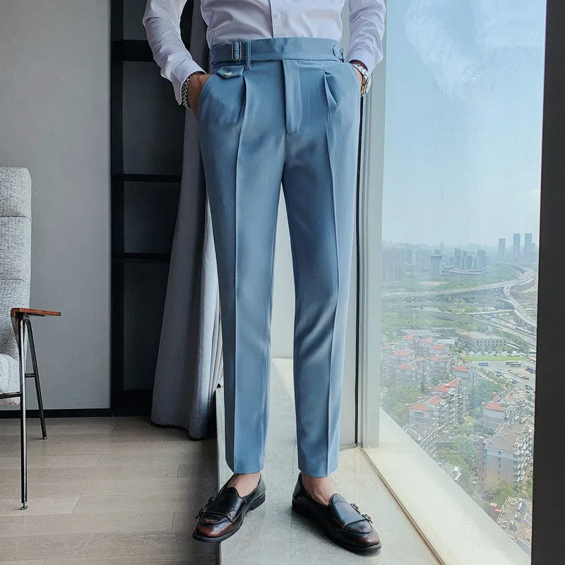 Men's straight-leg casual trousers in solid colours showing waist sizes 29-36 and polyester fabric.