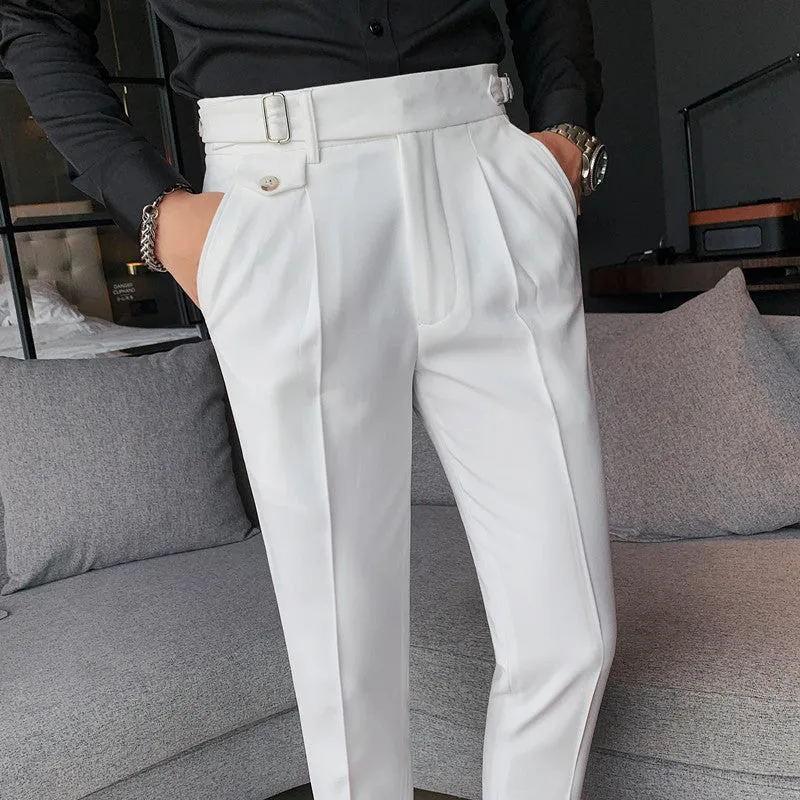 Men's straight-leg casual trousers in solid colours showing waist sizes 29-36 and polyester fabric.