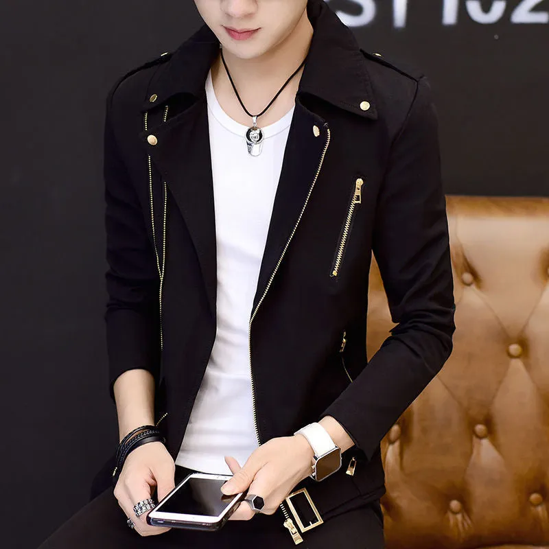 Men's Korean style cotton blend casual jacket with metal decoration, long sleeves, side pockets, available in black, blue, red
