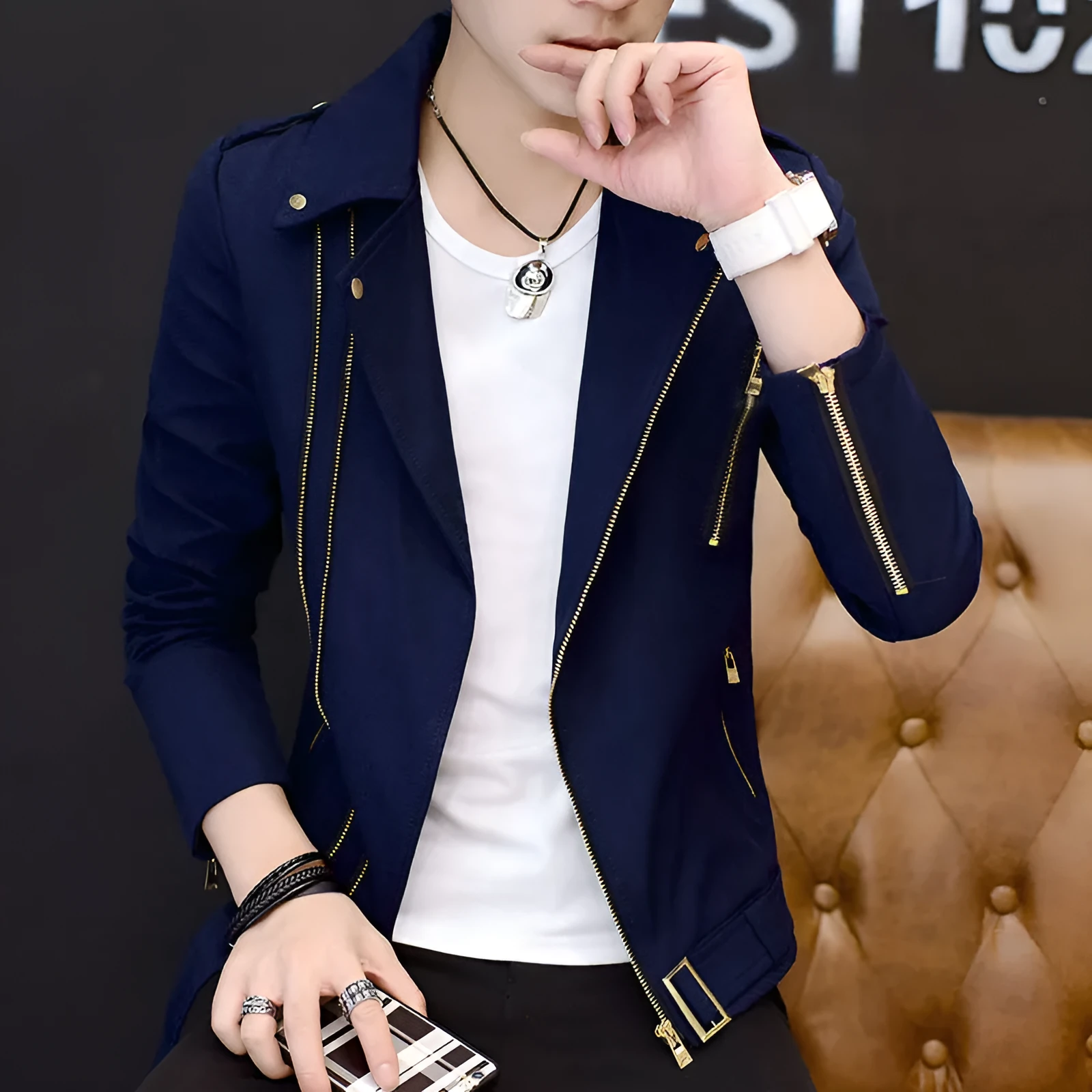 Men's Korean style cotton blend casual jacket with metal decoration, long sleeves, side pockets, available in black, blue, red