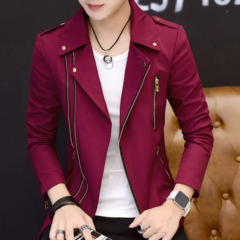 Men's Korean style cotton blend casual jacket with metal decoration, long sleeves, side pockets, available in black, blue, red