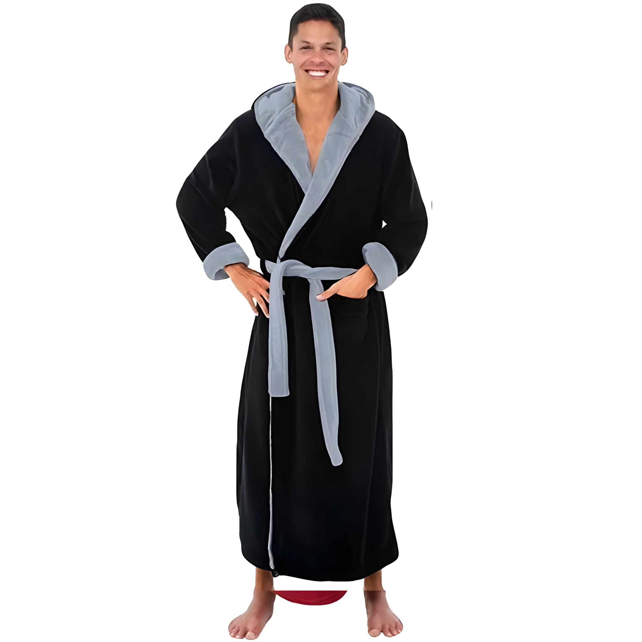 Cotton men's winter pyjamas in solid grey, long sleeve, on a plain background
