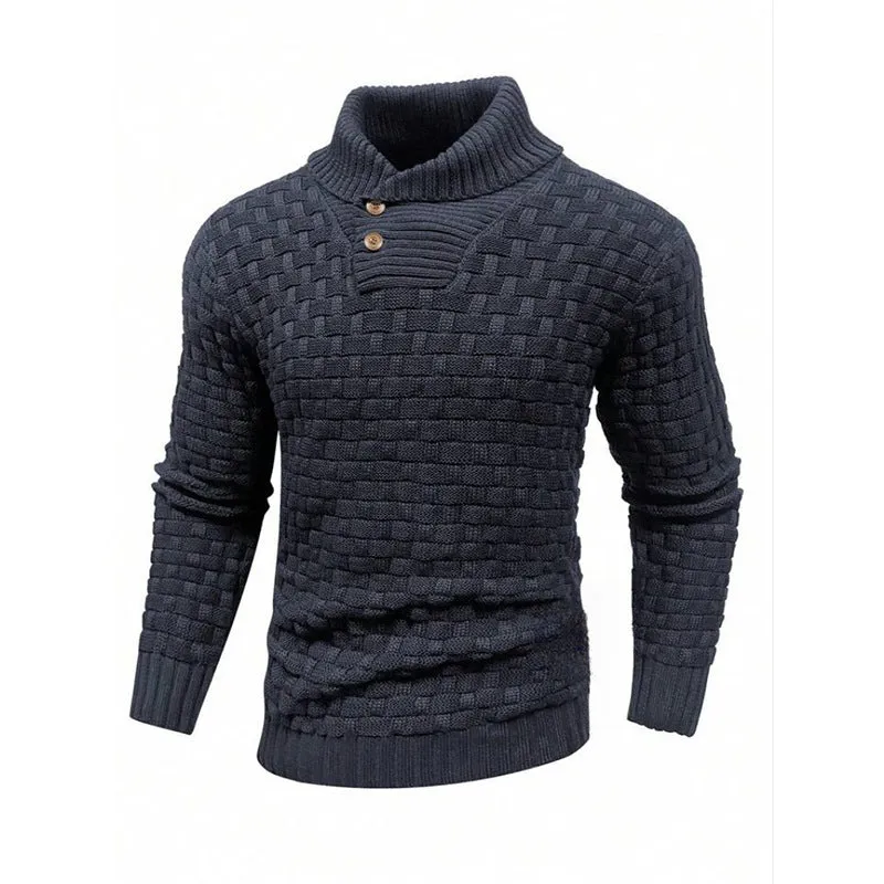 Men's slim turtleneck sweater with button design in solid colour, thick polyester fabric, available in multiple colours