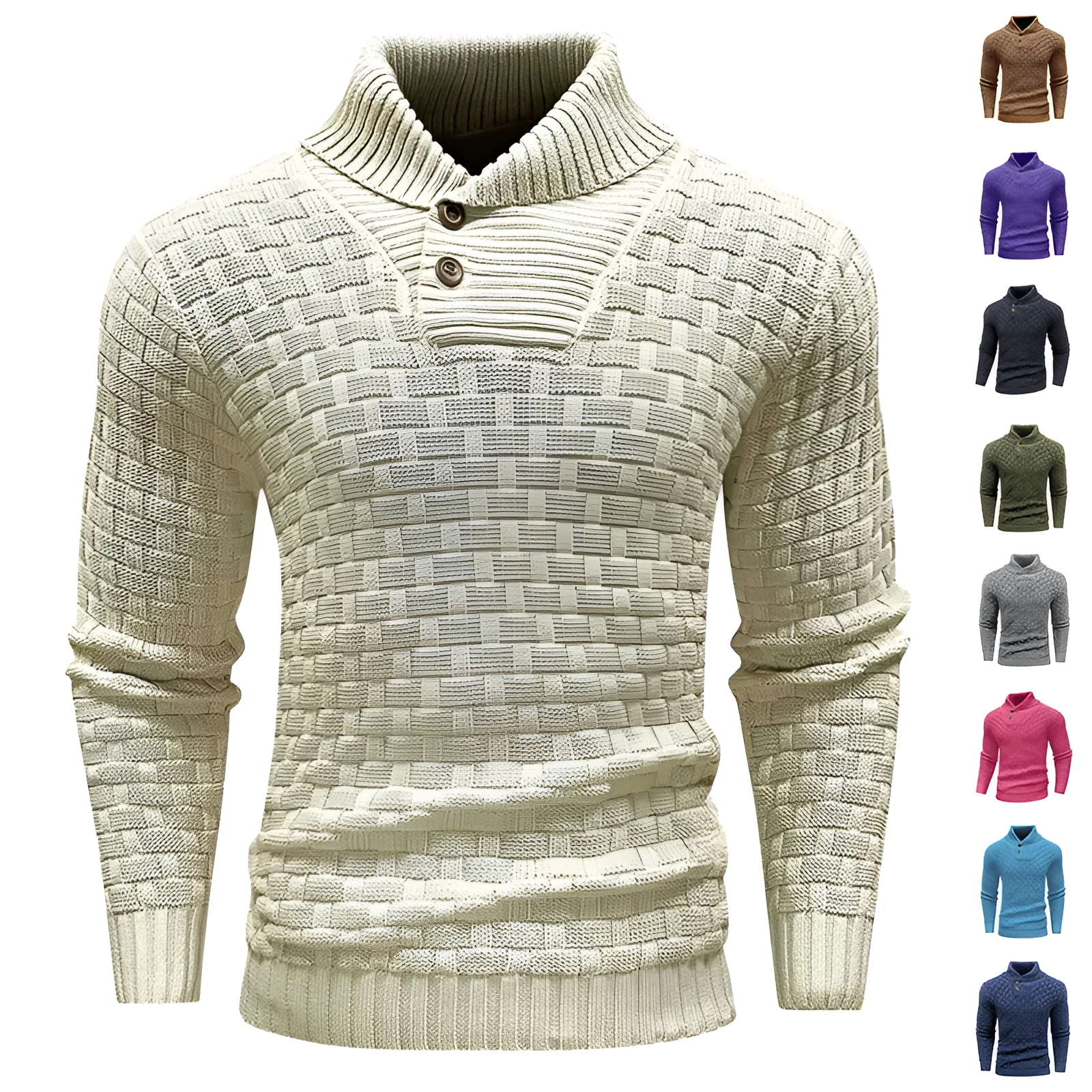 Men's slim turtleneck sweater with button design in solid colour, thick polyester fabric, available in multiple colours
