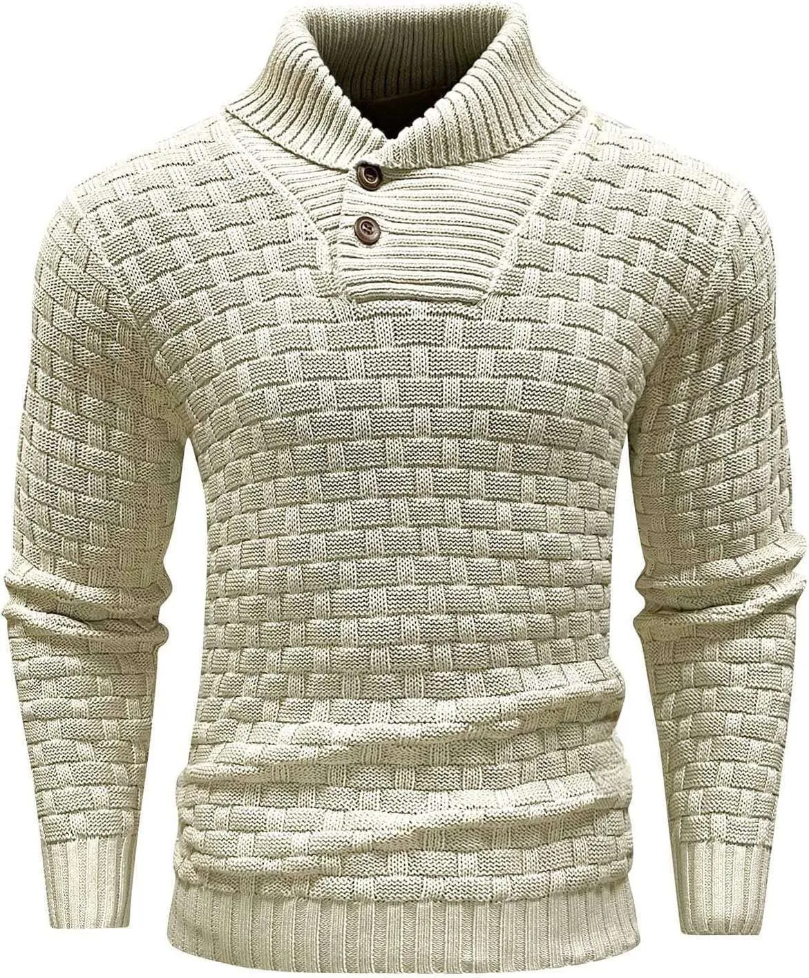 Men's slim turtleneck sweater with button design in solid colour, thick polyester fabric, available in multiple colours