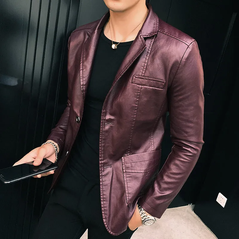 Fashion casual men's suit leather jacket in black with colour block design, shirt collar, double-breasted front, and patch pockets