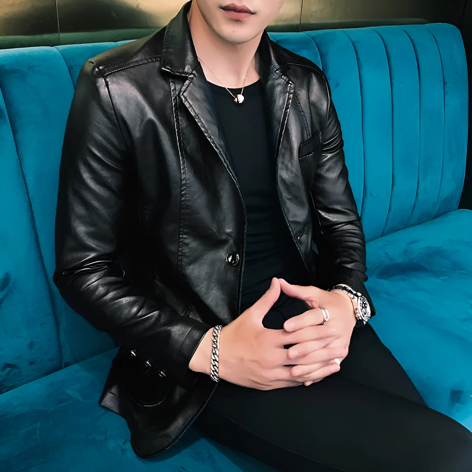 Fashion casual men's suit leather jacket in black with colour block design, shirt collar, double-breasted front, and patch pockets