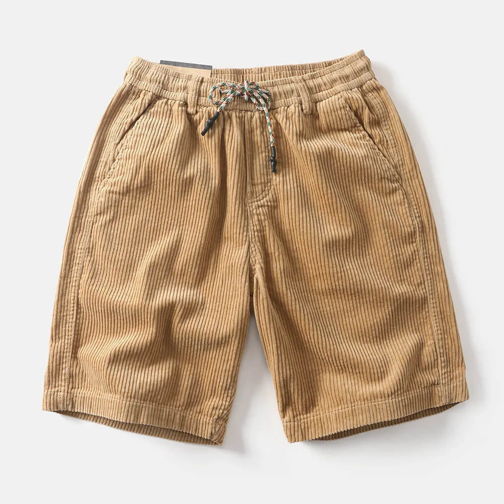 Man wearing khaki retro-style straight-leg cargo shorts made from polyester for summer streetwear.