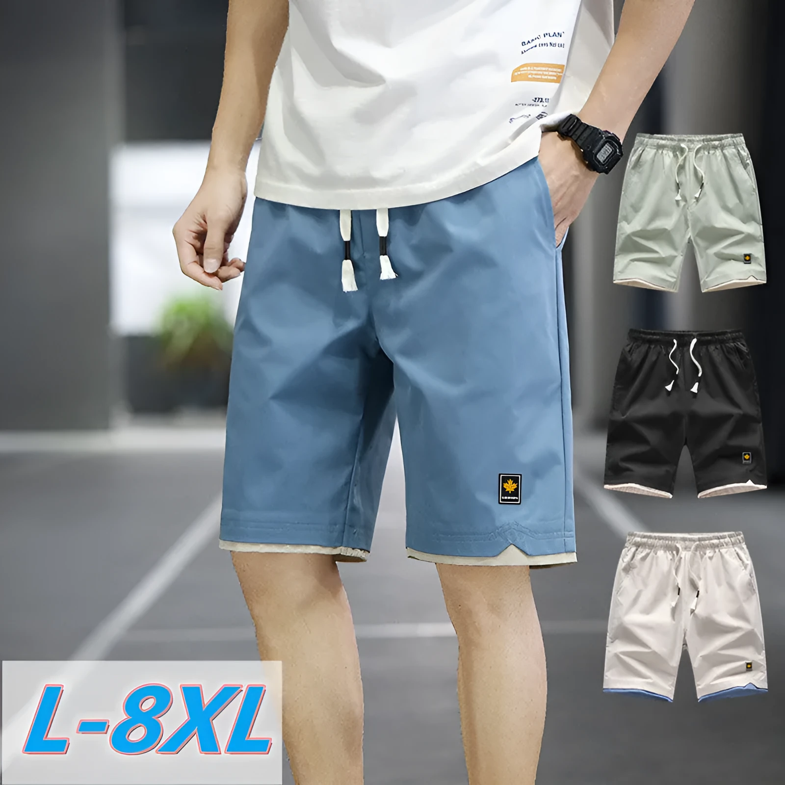 Man wearing loose-fitting straight-leg beach shorts in a khaki colour, showing Korean style and casual fit.