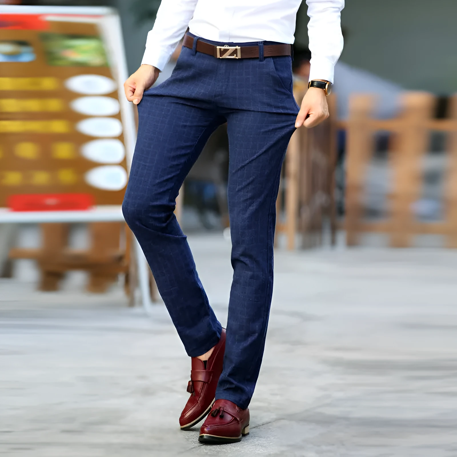 Straight slim Korean style cotton trousers for men in black, check pattern, mid-rise waist