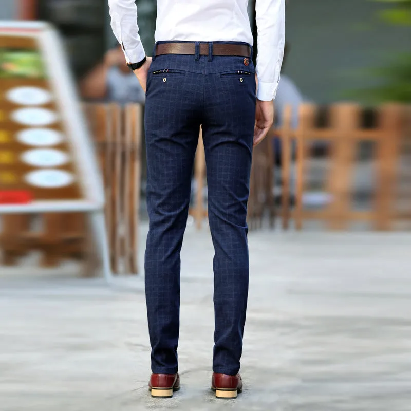 Straight slim Korean style cotton trousers for men in black, check pattern, mid-rise waist