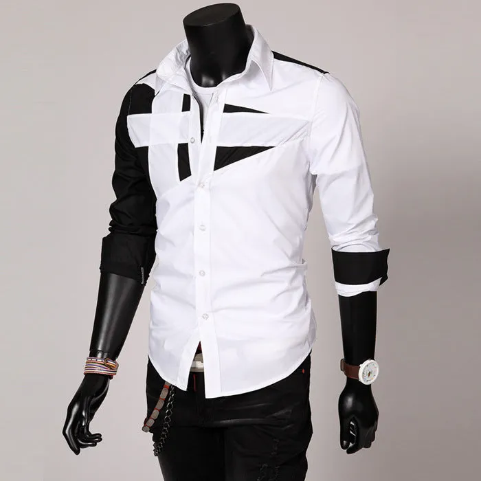 Men's long sleeve cotton shirt in three colours black dark grey white with size chart