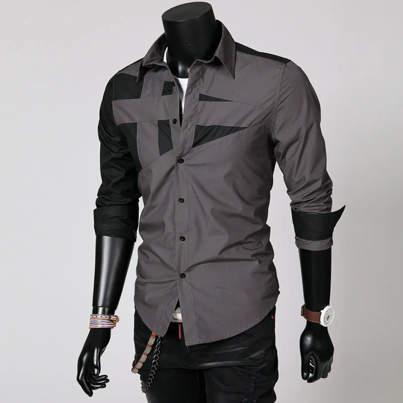 Men's long sleeve cotton shirt in three colours black dark grey white with size chart