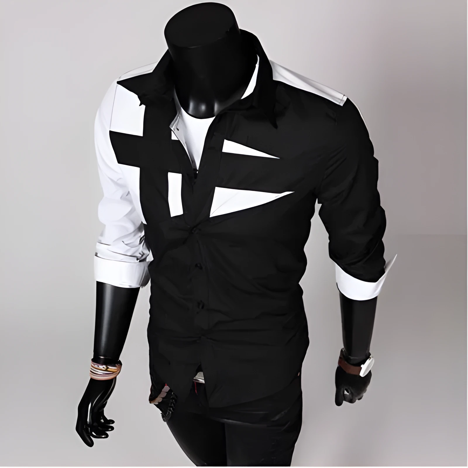 Men's long sleeve cotton shirt in three colours black dark grey white with size chart