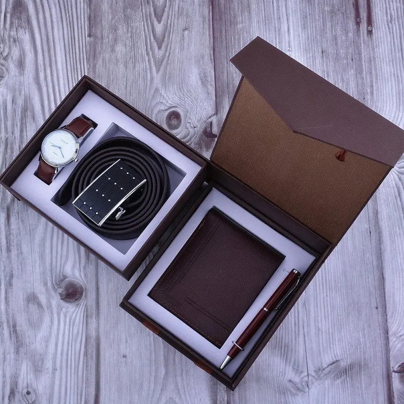 Men's business gift set with quartz watch, leather belt, wallet and pen in coordinated style