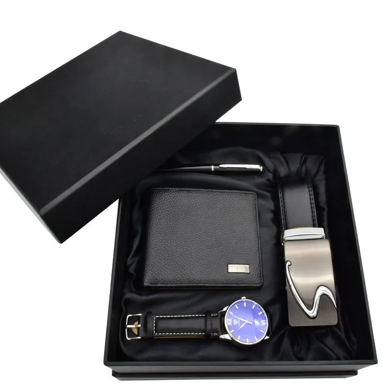 Men's business gift set with quartz watch, leather belt, wallet and pen in coordinated style