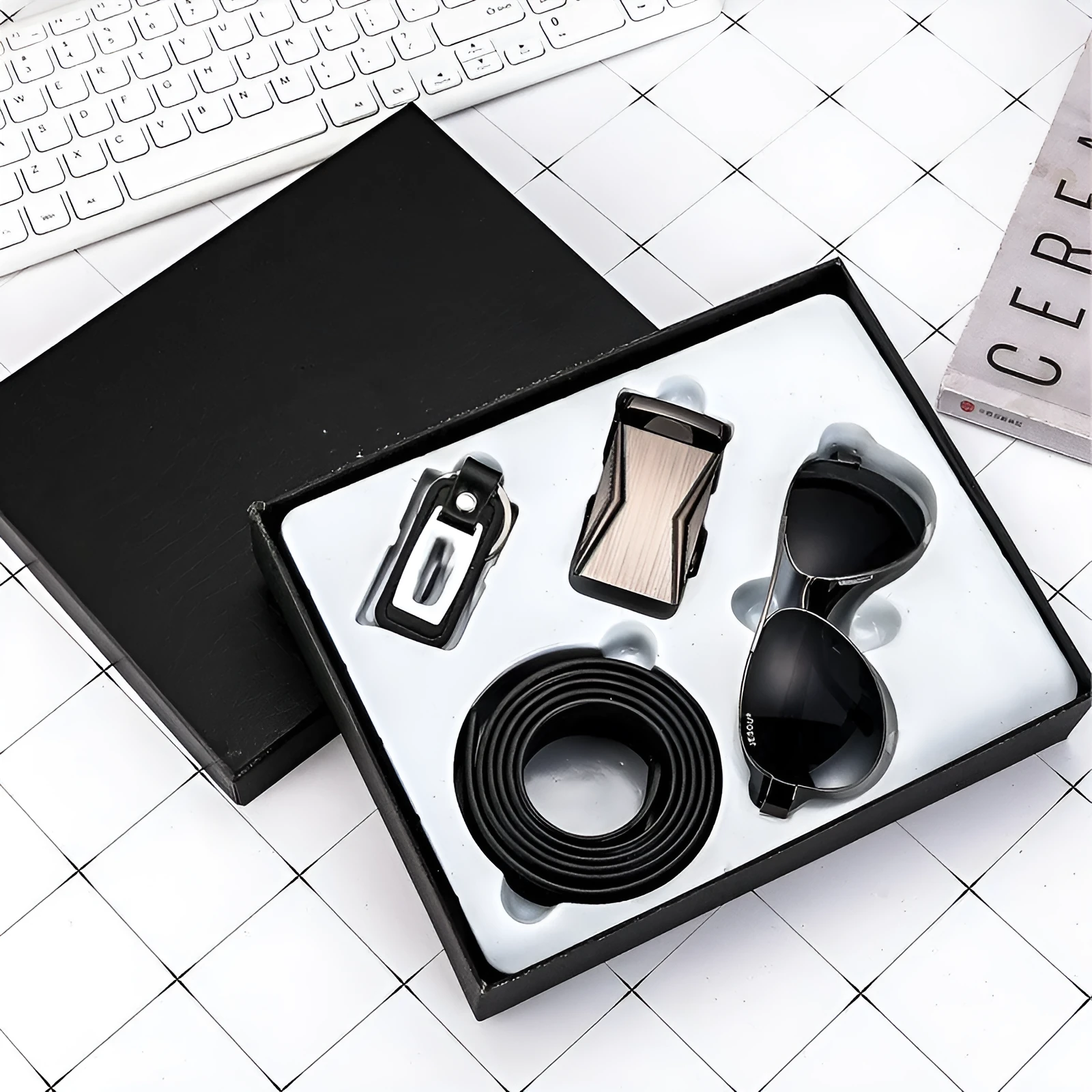 Men's business gift set with quartz watch, leather belt, wallet and pen in coordinated style