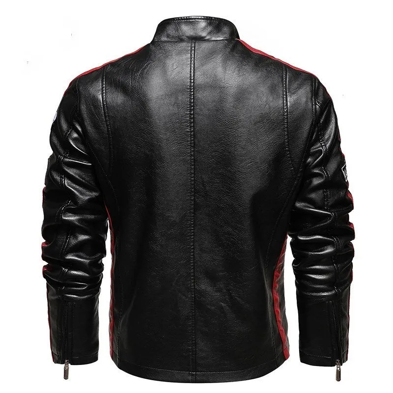 Men's PU leather embroidered slim-fit jacket with stand-up collar and zipper front in black