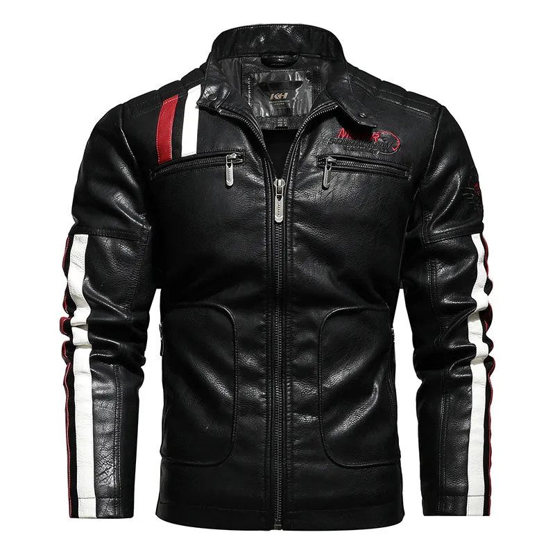 Men's PU leather embroidered slim-fit jacket with stand-up collar and zipper front in black