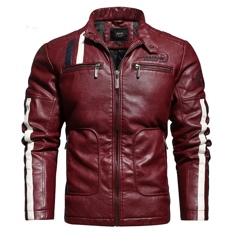 Men's PU leather embroidered slim-fit jacket with stand-up collar and zipper front in black