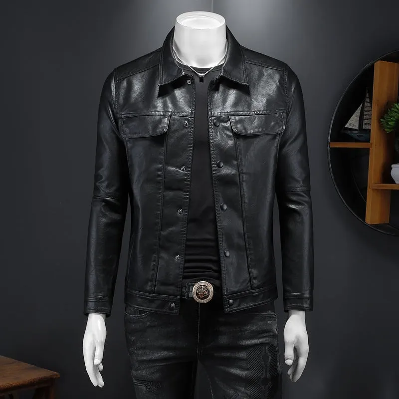 Men's long-sleeved lapel motorcycle PU leather coat in black, regular fit with bag cover slit pockets
