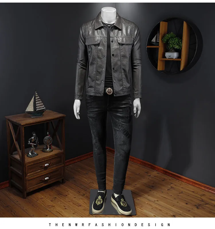 Men's long-sleeved lapel motorcycle PU leather coat in black, regular fit with bag cover slit pockets