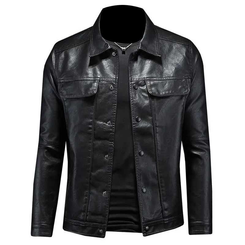 Men's long-sleeved lapel motorcycle PU leather coat in black, regular fit with bag cover slit pockets