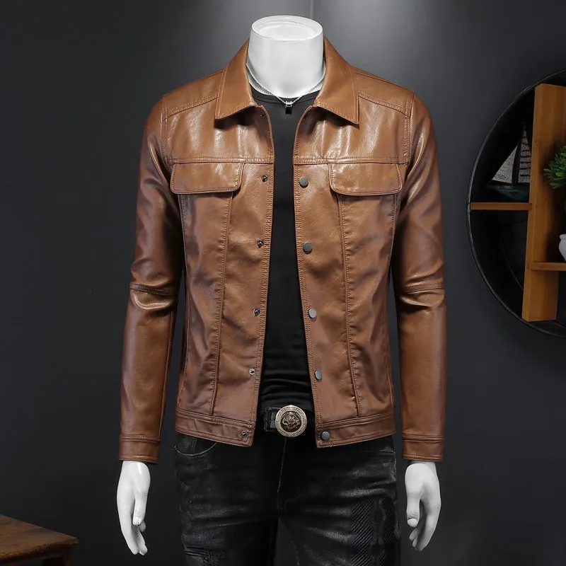 Men's long-sleeved lapel motorcycle PU leather coat in black, regular fit with bag cover slit pockets