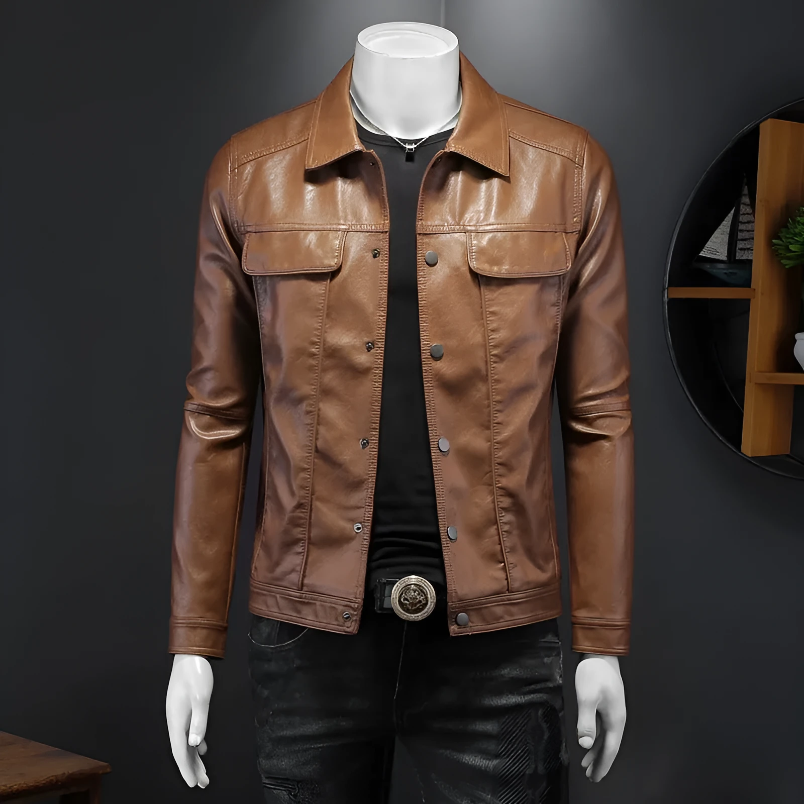 Men's long-sleeved lapel motorcycle PU leather coat in black, regular fit with bag cover slit pockets