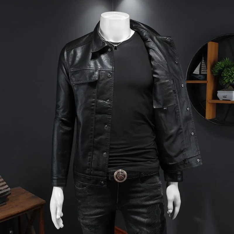 Men's long-sleeved lapel motorcycle PU leather coat in black, regular fit with bag cover slit pockets