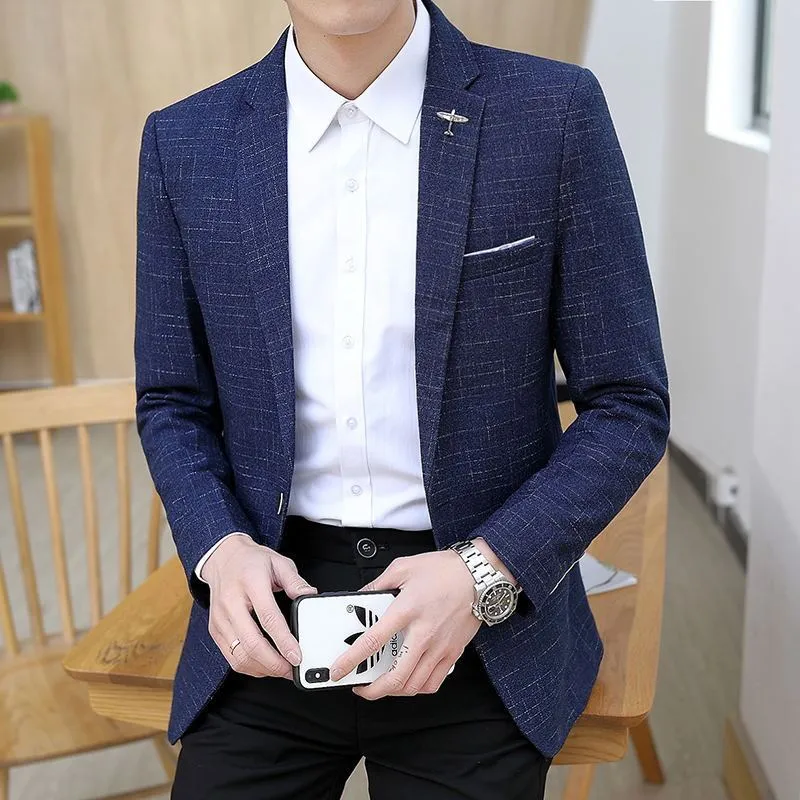 Men's slim-fit viscose suit jacket with stand-up collar in navy blue, front view