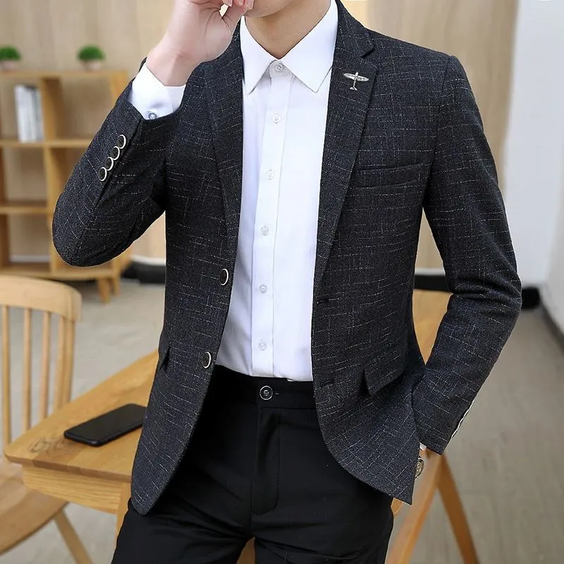 Men's slim-fit viscose suit jacket with stand-up collar in navy blue, front view