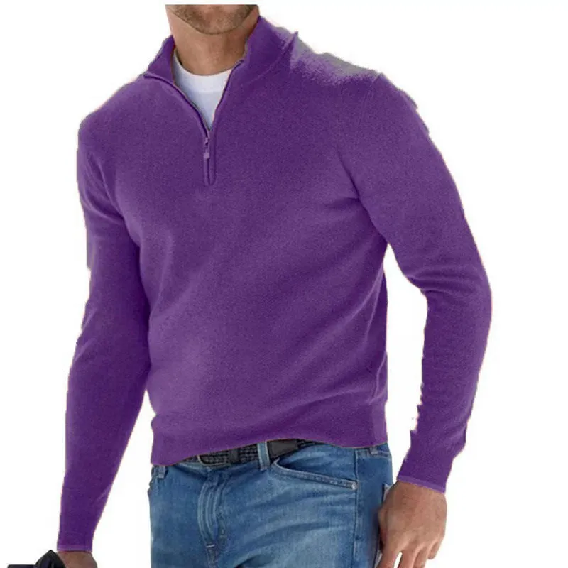 Men's fashion casual long sleeve V-neck cashmere zipper top in apricot, autumn sports leisure style, front view