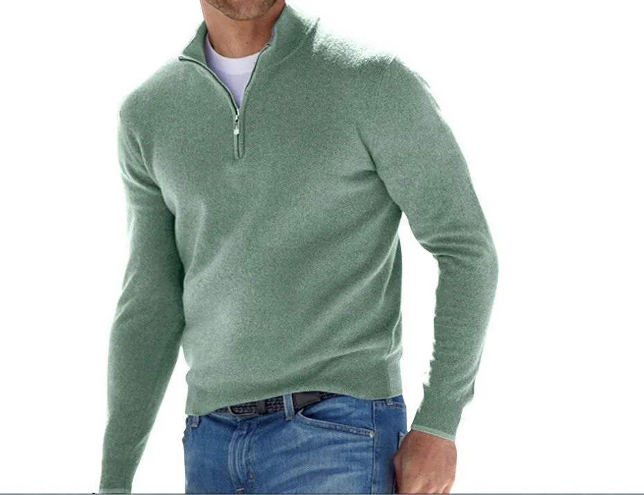 Men's fashion casual long sleeve V-neck cashmere zipper top in apricot, autumn sports leisure style, front view