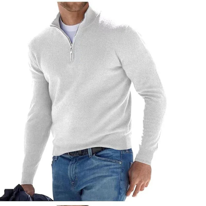 Men's fashion casual long sleeve V-neck cashmere zipper top in apricot, autumn sports leisure style, front view