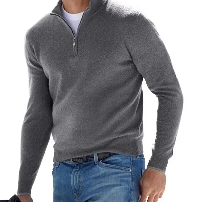 Men's fashion casual long sleeve V-neck cashmere zipper top in apricot, autumn sports leisure style, front view