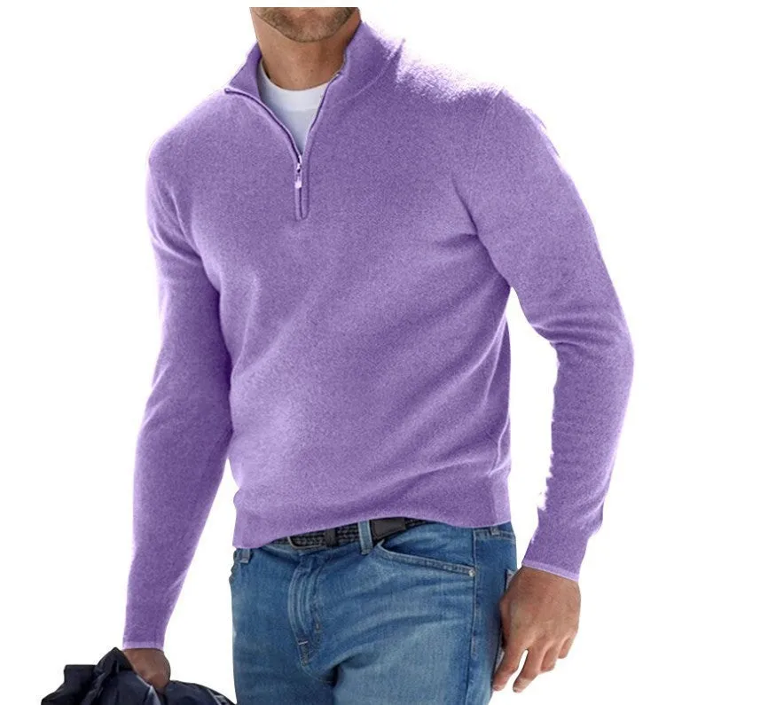 Men's fashion casual long sleeve V-neck cashmere zipper top in apricot, autumn sports leisure style, front view