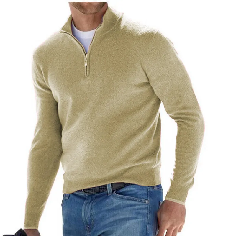 Men's fashion casual long sleeve V-neck cashmere zipper top in apricot, autumn sports leisure style, front view