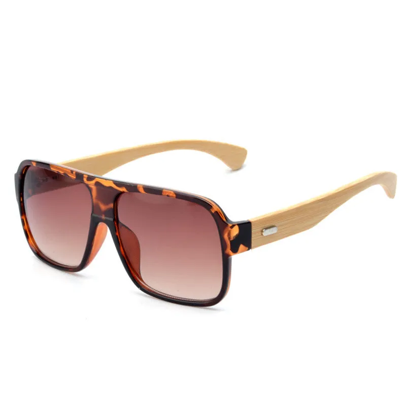 Wooden square sunglasses with brown frame and PC lenses on a flat surface