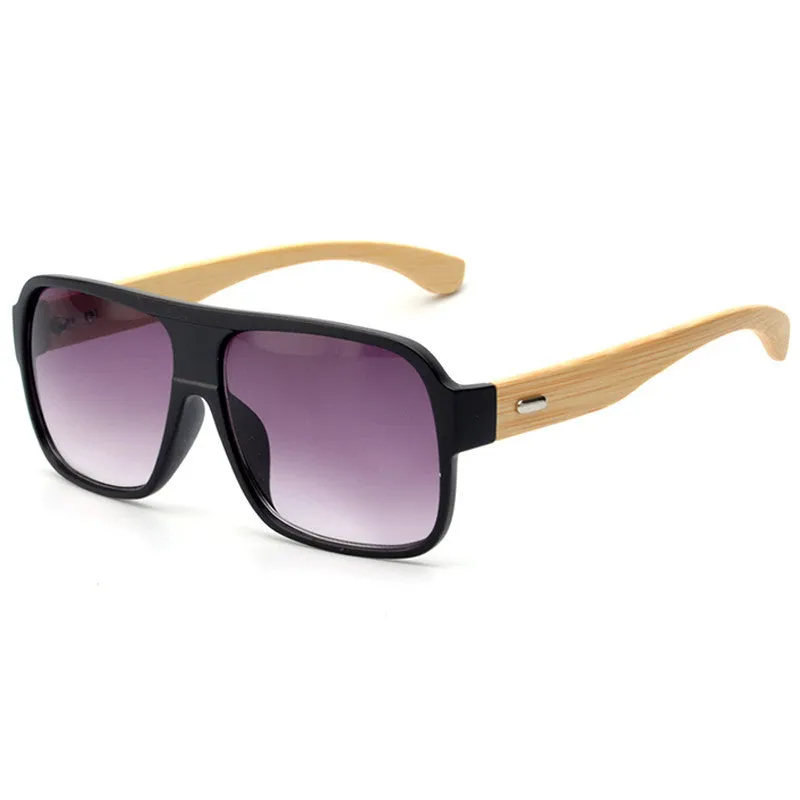 Wooden square sunglasses with brown frame and PC lenses on a flat surface