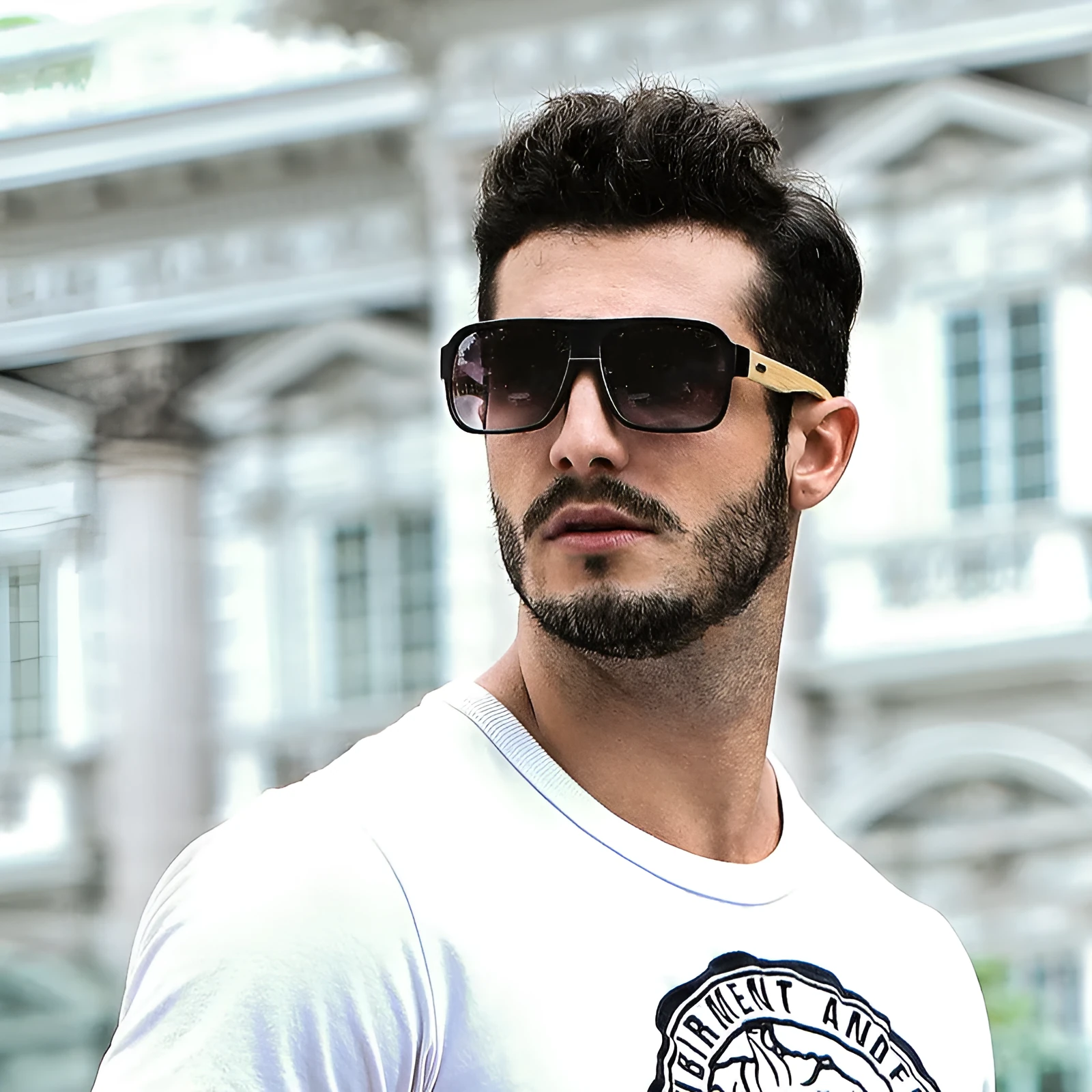 Wooden square sunglasses with brown frame and PC lenses on a flat surface