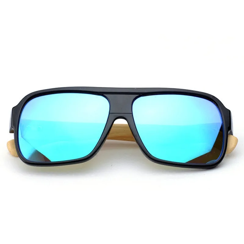 Wooden square sunglasses with brown frame and PC lenses on a flat surface