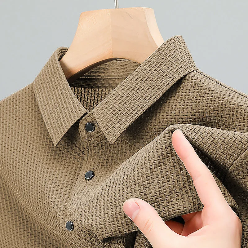 Business casual asymmetric nylon top in khaki on white background
