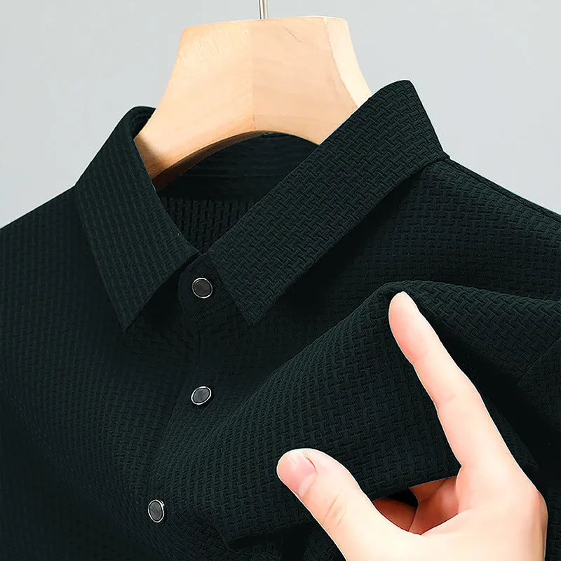 Business casual asymmetric nylon top in khaki on white background