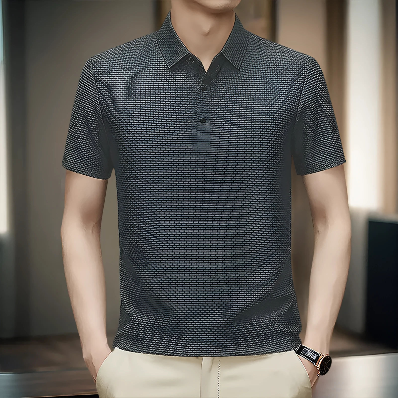 Business casual asymmetric nylon top in khaki on white background