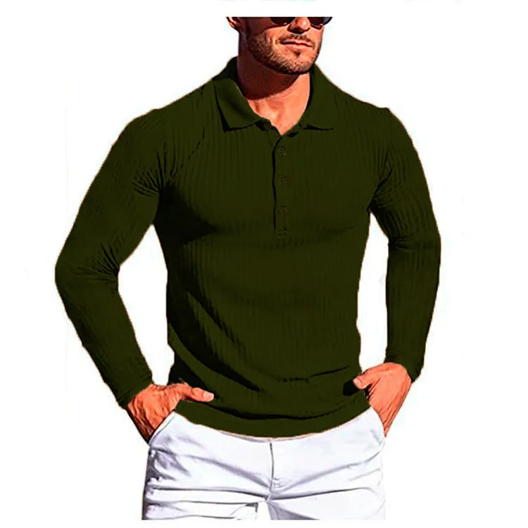 Men's striped slim fit short sleeve T-shirt in Army Green colour on a hanger.