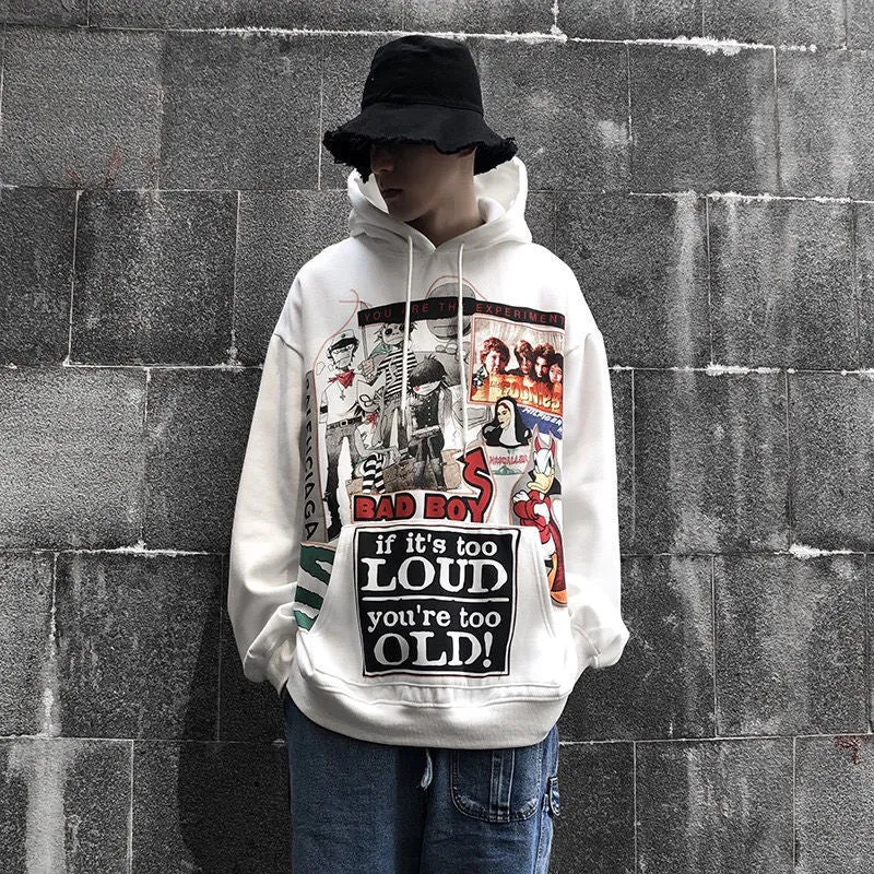 White hip hop hoodie with cartoon print, loose fit, plus velvet lining, and hood, side view